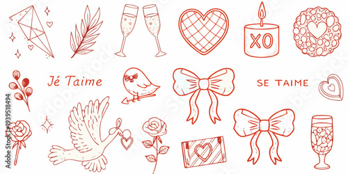 Hand drawn romantic illustrations hearts flowers champagne and love symbols