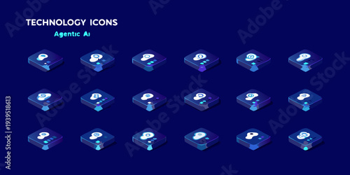 Isometric technology icons representing ai robotics and digital interfaces
