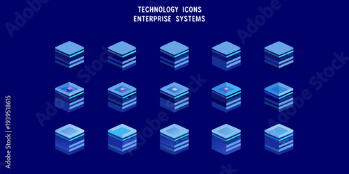 Isometric server icons representing technology data and enterprise systems