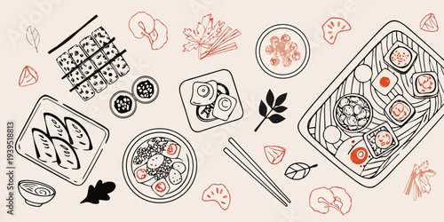 A playful illustration featuring various japanese food items and decorative elements