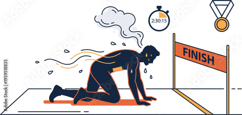 Exhausted Runner Crawling Toward Finish Line Symbolizing Perseverance, Determination and Final Effort in Sports Competition Motivation Concept Vector Illustration