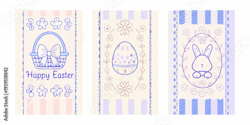 Three pastel panels depict easter themed illustrations and patterned backgrounds