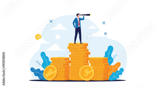 Businessman standing on a podium of gold coin stacks using a telescope to look for future investment opportunities and success.