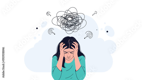 Young woman holding her head with a stressed expression as chaotic messy scribbles and question marks float above her mind.