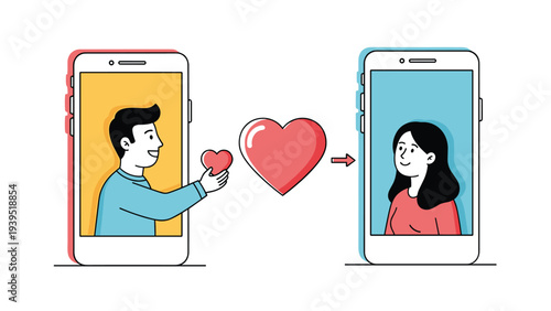 Two people appearing in smartphone screens exchanging hearts representing online dating, long distance love, and digital romance.