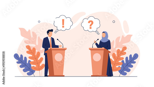 Man and woman wearing a hijab standing at podiums with microphones debating each other with exclamation and question mark icons.