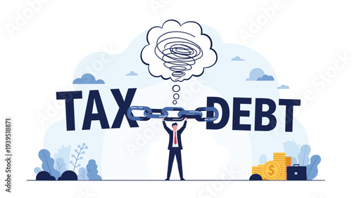Businessman holding a heavy chain connecting the words tax and debt with a chaotic thought cloud and money nearby.