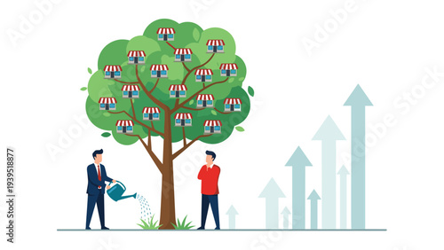 Businessman watering a large tree decorated with many small retail store buildings to represent business expansion and franchising.