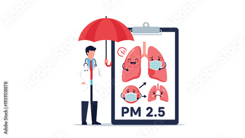 Doctor holding a red umbrella to protect a patient record from PM 2.5 air pollution and lung health risks in a medical clinic.