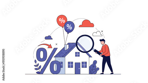 Man using a large magnifying glass to inspect a house with percentage balloons and a giant percent sign to represent mortgage rates.