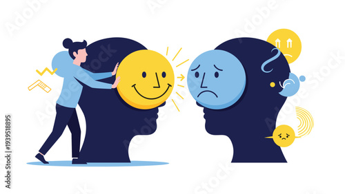 Young woman pushing a happy yellow emoji mask onto a sad person to represent emotional suppression and fake feelings.