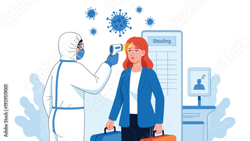 Medical professional in a white hazmat suit checking a female traveler's temperature with a digital thermometer.