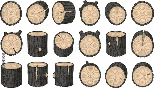 Collection of Wood Log Sections and Tree Trunks with Bark and Annual Rings, Isolated Vector Illustrations for Timber and Forestry Design