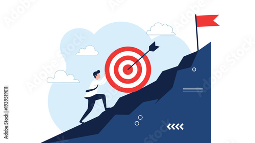 Ambitious businessman pushing a target board up a mountain towards a red flag representing goal achievement.