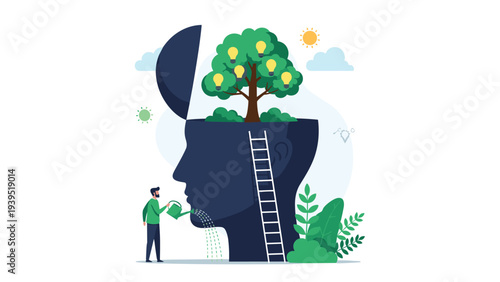 Small gardener watering a large tree with glowing lightbulb fruits inside a giant human head profile for creativity.