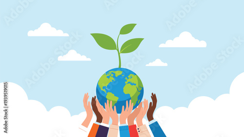 Diverse group of multiethnic hands holding up a green globe of the earth with a growing sprout for environment care.