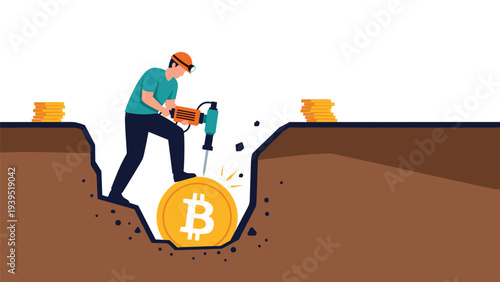 Construction worker using a jackhammer to mine a giant golden bitcoin from the ground in a deep dirt trench.