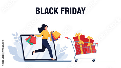 Excited woman jumping out of a laptop screen with shopping bags next to a cart full of red gifts for black friday.