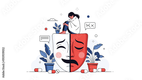 Sad woman sitting on a giant mask with a happy and sad split face surrounded by colorful pills and indoor plants.