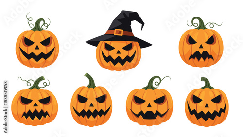 Collection of seven orange halloween pumpkins with various carved spooky faces and one wearing a black witch hat.