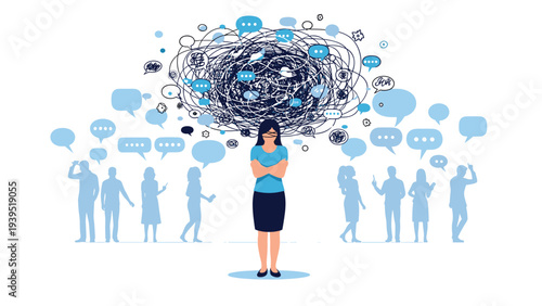 Stressed woman with a mess of tangled thoughts standing in front of silhouettes of people with speech bubbles.