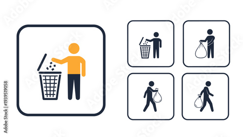 Collection of icons showing a person disposing of waste and carrying trash bags for proper waste management and environmental cleanliness.