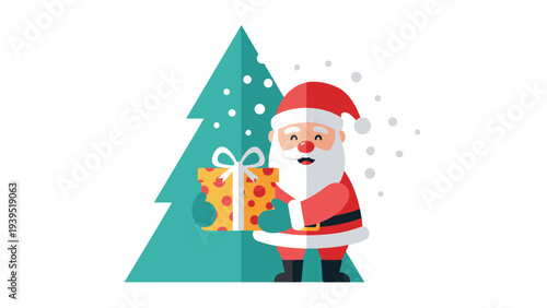 Jolly cartoon santa claus holding a yellow polka dot gift box while standing in front of a flat design christmas tree.