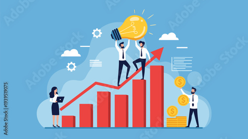 Motivated business team working together to push a large lightbulb up a rising bar graph to achieve innovation success and financial growth.