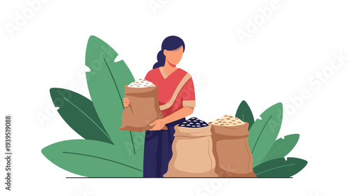 Illustration of a woman in traditional attire standing with several large sacks of grain representing agriculture harvest and food security.