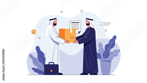 Professional Arab businessmen in traditional thobes exchanging a package for business trade logistics and successful delivery service.