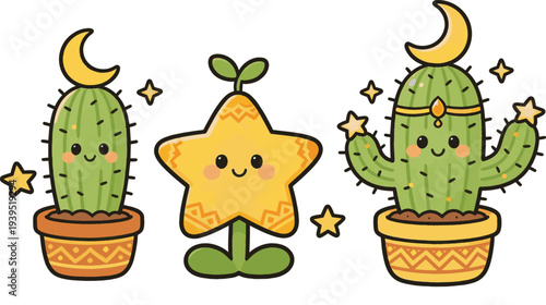 Adorable seamless pattern featuring cute potted cactus plants, stars, and decorative elements in a playful cartoon style. Perfect for kids products, stationery, packaging, fabric prints, and cheerful 