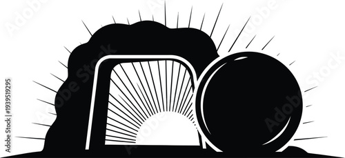 A black and white illustration of a tunnel with a wheelbarrow