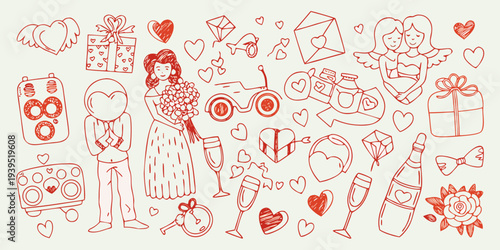 A collection of hand drawn romantic elements for valentine s day celebrations