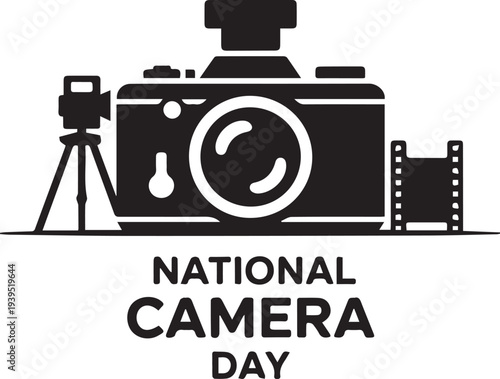 Black and white camera with tripod and strip for National Camera Day celebration desi