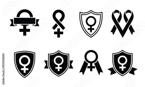 Collection of Female Gender Symbols and Ribbons, professional vector pack showing female gender icons, empowerment ribbons, and equality symbols, scalable illustrations suitable for women’s rights 