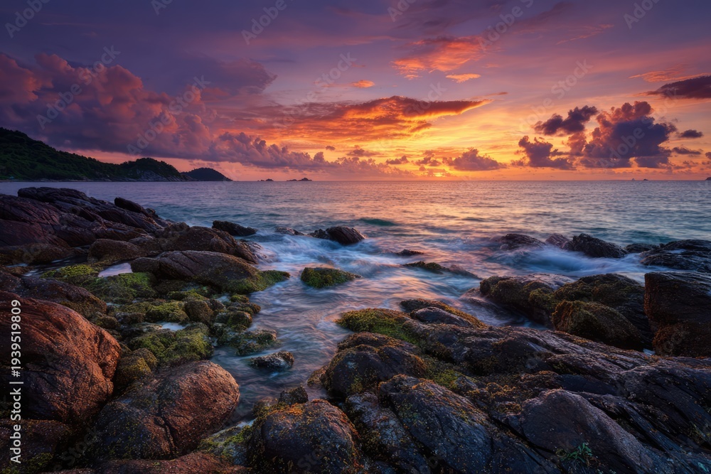 Naklejka premium Dramatic Ocean Sunset with Vibrant Sky and Rocky Shoreline.