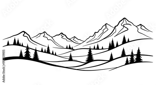 Minimalist Black and White Mountain Landscape Illustration.