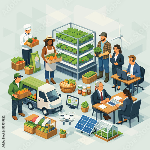 Agricultural business teamwork and innovation illustration
