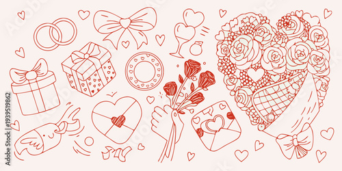 Romantic doodles featuring hearts gifts flowers and wedding rings