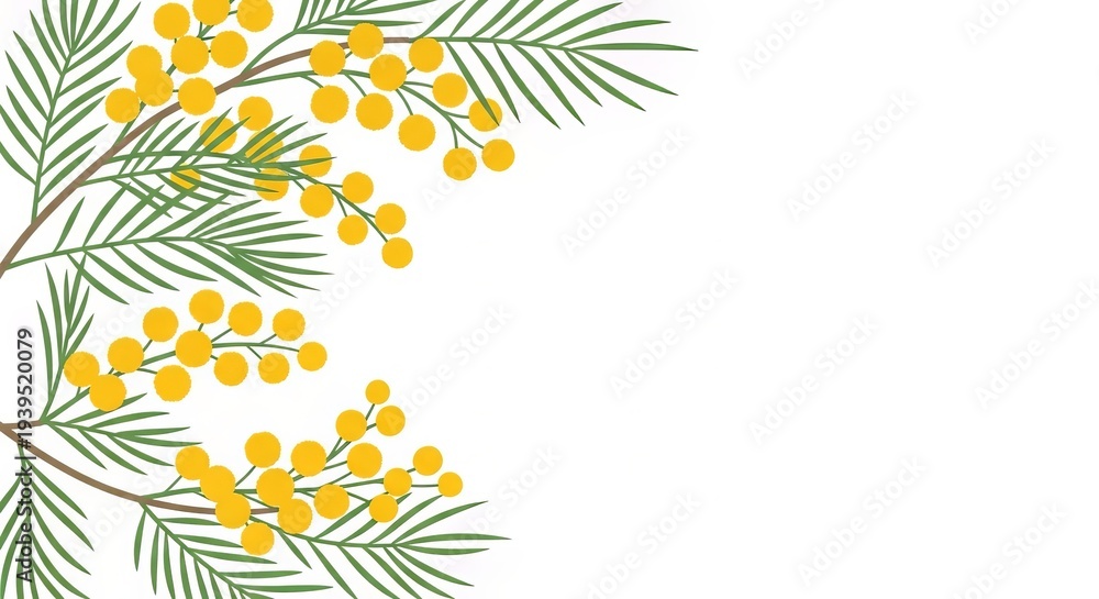 Fototapeta premium Mimosa branch with yellow flowers and green leaves, isolated image on a white background, copy space