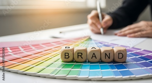 Creative brand identity and graphic design palette. Marketing and corporate branding. Wooden dice spelling brand on top of colorful color swatches with a person writing in background