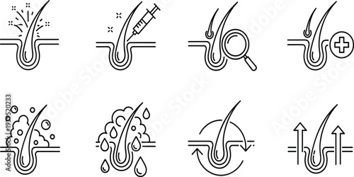 Hair Care Treatment Icons Set for Scalp Health Follicle Restoration Medical Therapy Strengthening Growth Shampoo Serum and Professional Dermatology Procedure Icons