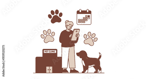 Veterinarian with dog at pet clinic scheduling appointment on digital tablet surrounded by paw prints and calendar