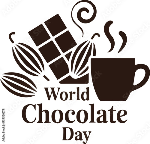 Black and white chocolate day with cocoa beans and steaming cup chocolate bar