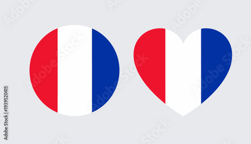 Two French flag icons, one circular and one heart-shaped, displayed on a light grey background, symbolizing national pride and affection for France