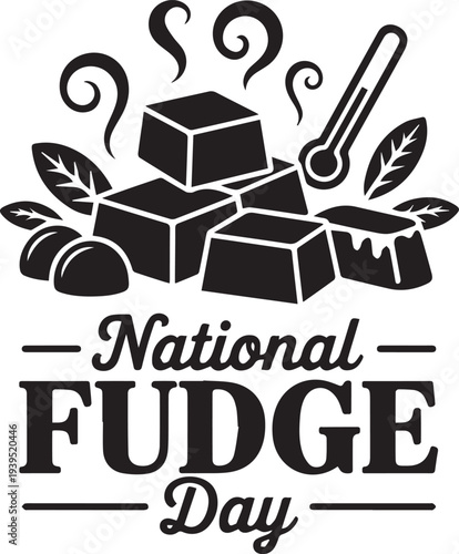 Black and white fudge day celebration with fudge pieces and spoon National Fudge Day food des