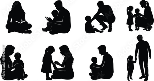 Family Parenting Silhouette Collection Showing Mother Father and Children Reading Playing Caring Moments Happy Family Activity Vector Illustration Set