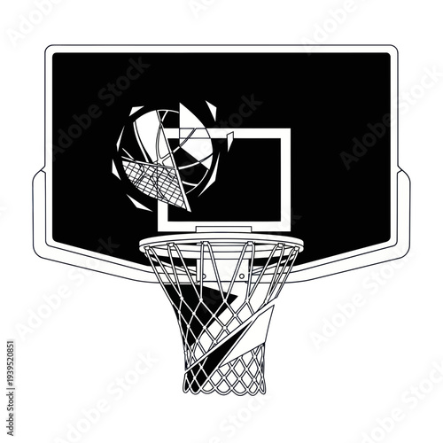 Abstract Basketball Hoop and Backboard with Geometric Ball Fragment