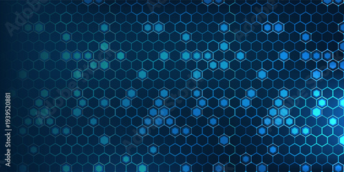 Abstract hexagon blue background banner futuristic business data technology modern concept, polygon shape lines connecting link dark blue contrast