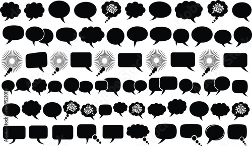 Set of black speech bubble silhouettes and thought cloud icons for comic books, social media communication, and creative messaging design.
